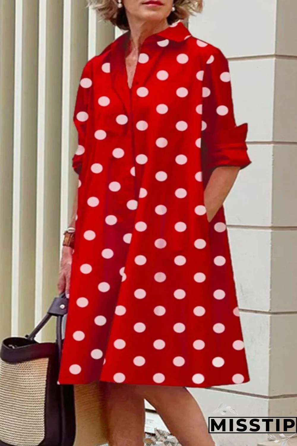 Black Casual Print Polka Dot Patchwork Buckle Turndown Collar Shirt Dress Dresses