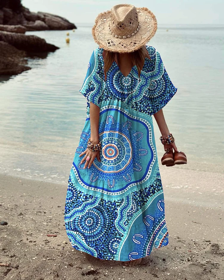 Women's V-Neck Ethnic Bohemian Blue Beach Print Beach Dress socialshop