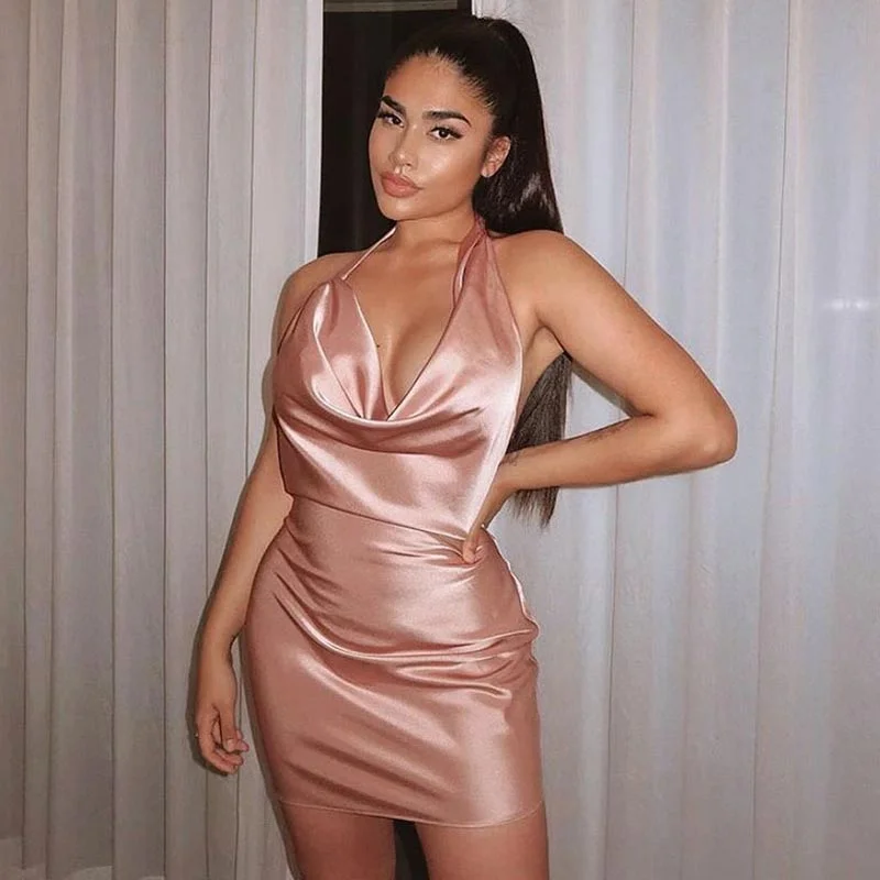 Glossy Satin Backless Cowl Neck Halter Party Mini Dress - Dusty Pink