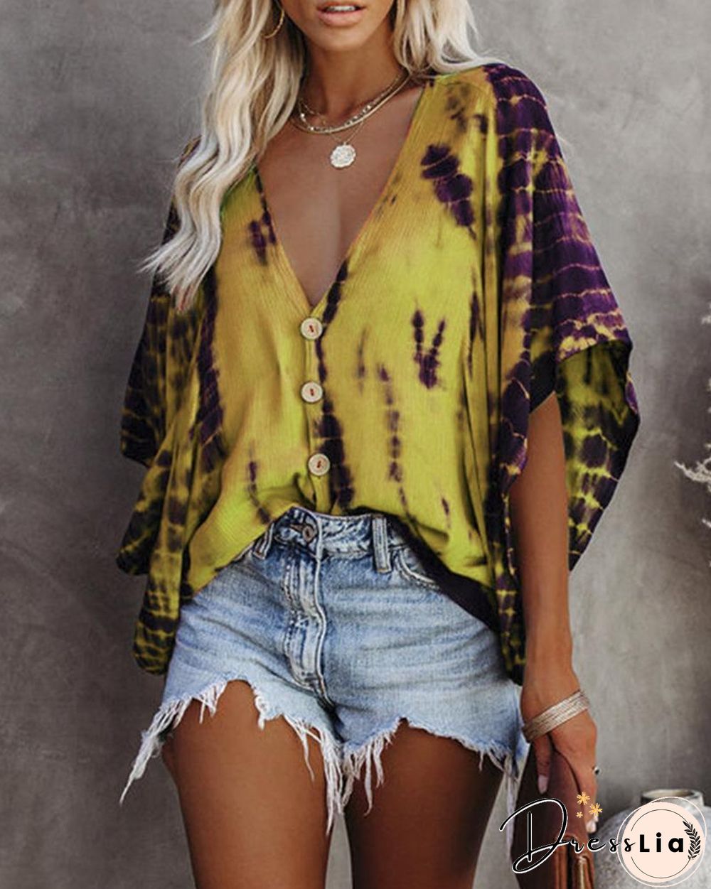 Bat Sleeve Tie-dye Print Blouse P10154