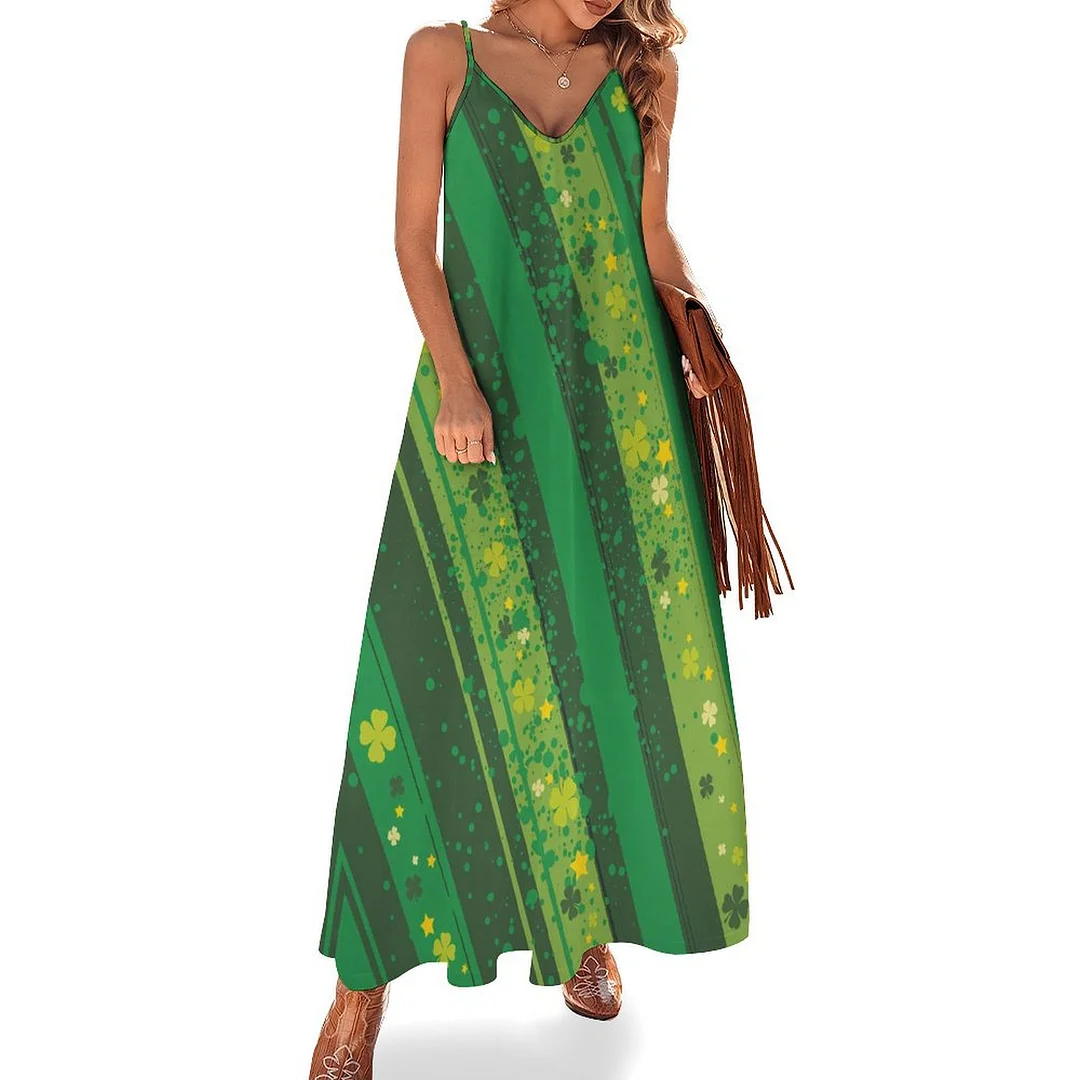 Style & Comfort for Mature Women Plus Size Printed Sling Casual Women Maxi Dress in Pattern St. Patrick's Day, Green, Clover, Lucky