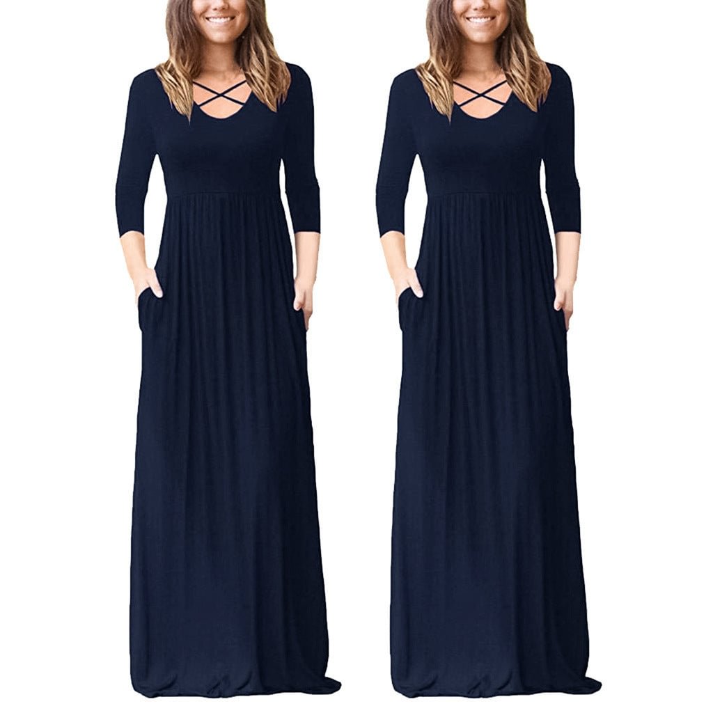 Women's Solid Color Round Neck Side Pocket Plus Size Full-length Dress