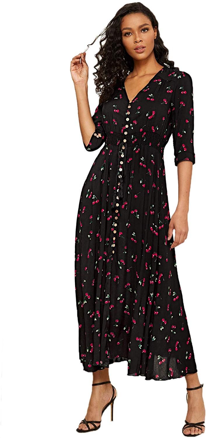 Women's Button Up Split Floral Print Flowy Party Maxi Dress