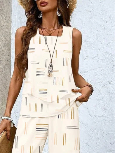Women's Sleeveless Square Collar Graphic Printed Casual Set
