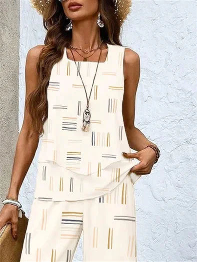 Women's Sleeveless Square Collar Graphic Printed Casual Set
