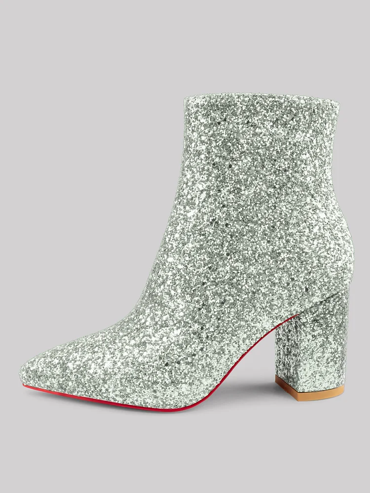 75mm Women's Ankle Booties Chunky Block Heel Pointed Toe Zipper Shiny Glitter Red Bottom Boots
