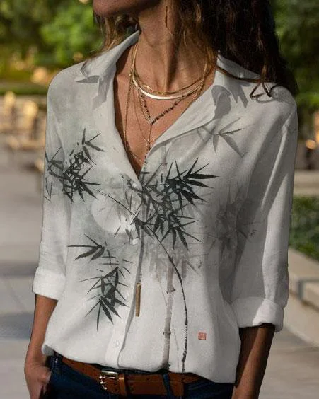 Ink Bamboo Print Long Sleeve Blouse