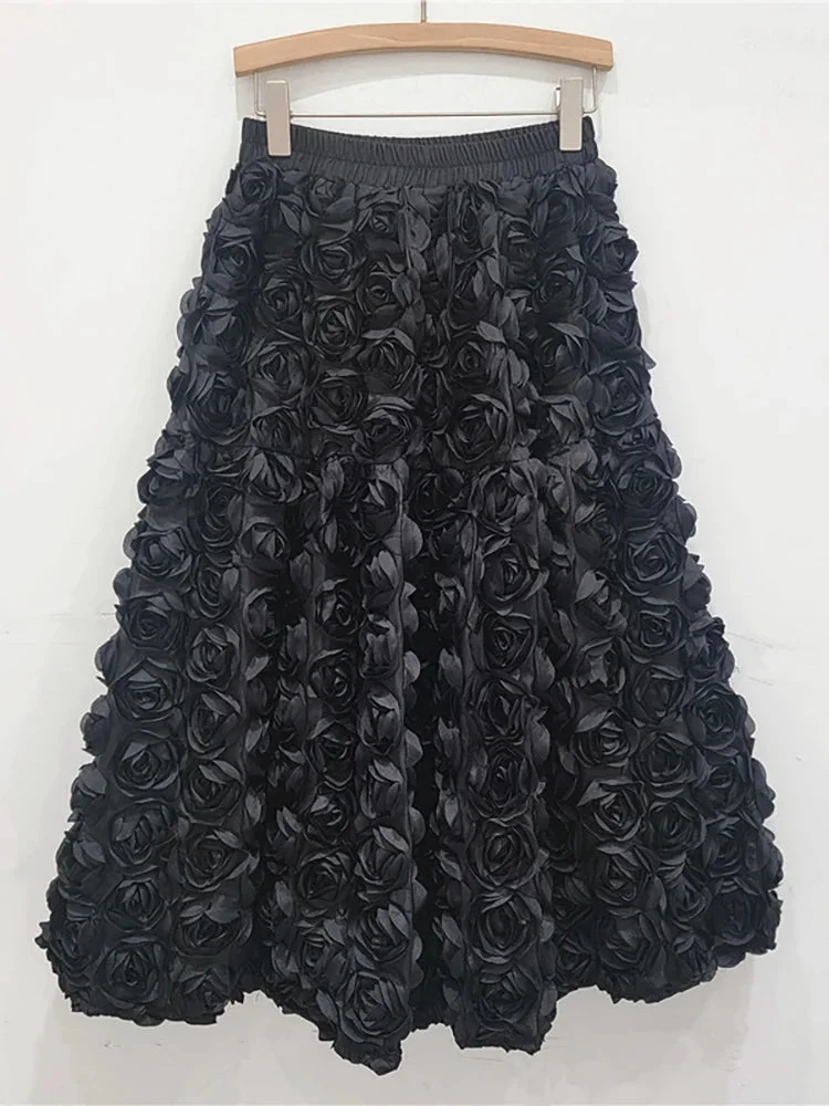 Toloer Elastic Waist A-line 3d Rose Flowers Design Maxi Skirt-Outfit Ideas