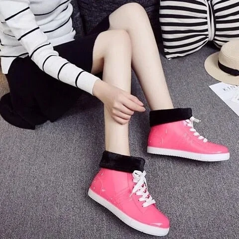 Leopard Women's Rainshoes Waterproof Non-Slip Flat Rubber Shoes Women Rain Boots Short Tube Lace Up Velvet Warmer Winter Boots