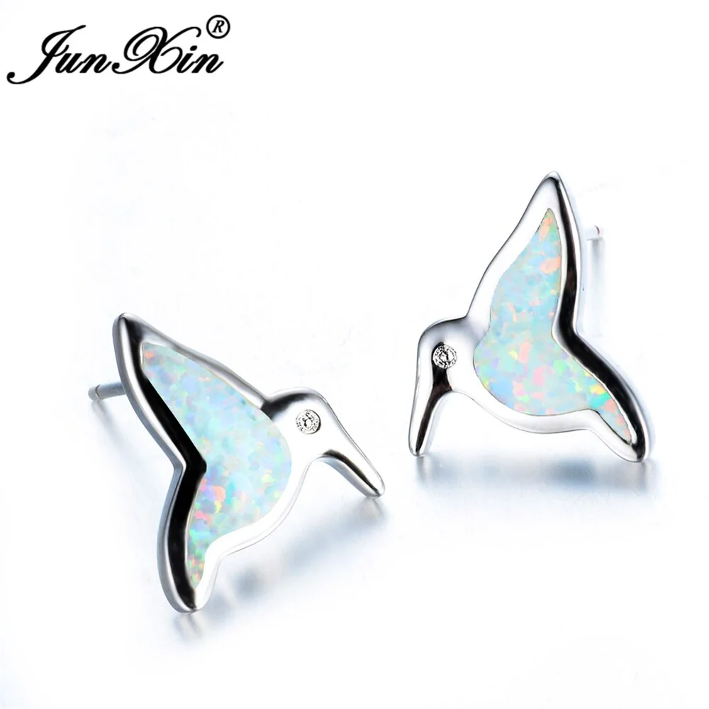 JUNXIN Female White Fire Opal Stud Earring Bird Earrings Silver Color Jewelry Fashion Double Earrings For Women