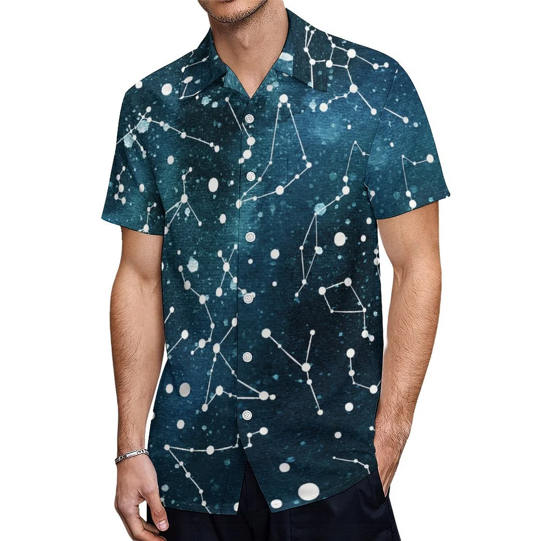 Short Sleeve Blue Night Sky Constellations Hawaiian Shirt Mens Button Down Plus Size Tropical Hawaii Beach Shirts