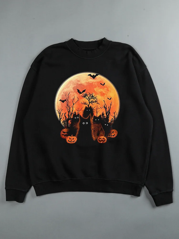 Men's Halloween Moon Cat Pumpkin Printed Sweatshirt