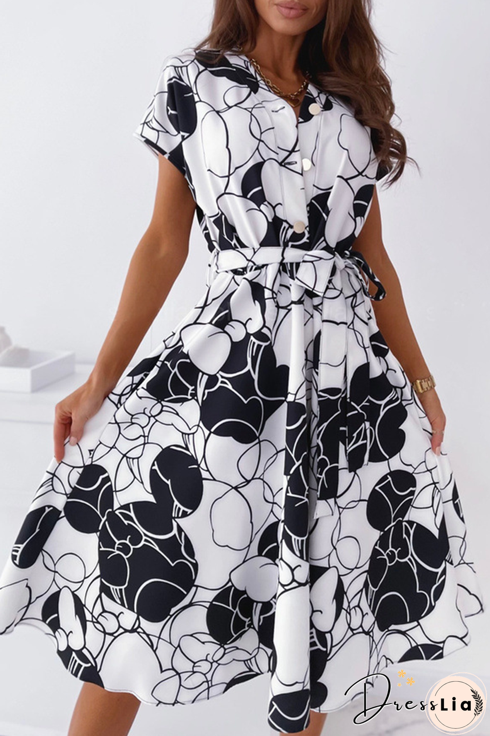 Elegant Print Buckle With Belt V Neck A Line Dresses(5 Colors)
