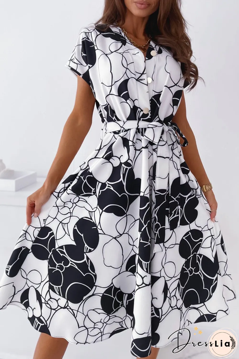 Elegant Print Buckle With Belt V Neck A Line Dresses(5 Colors)