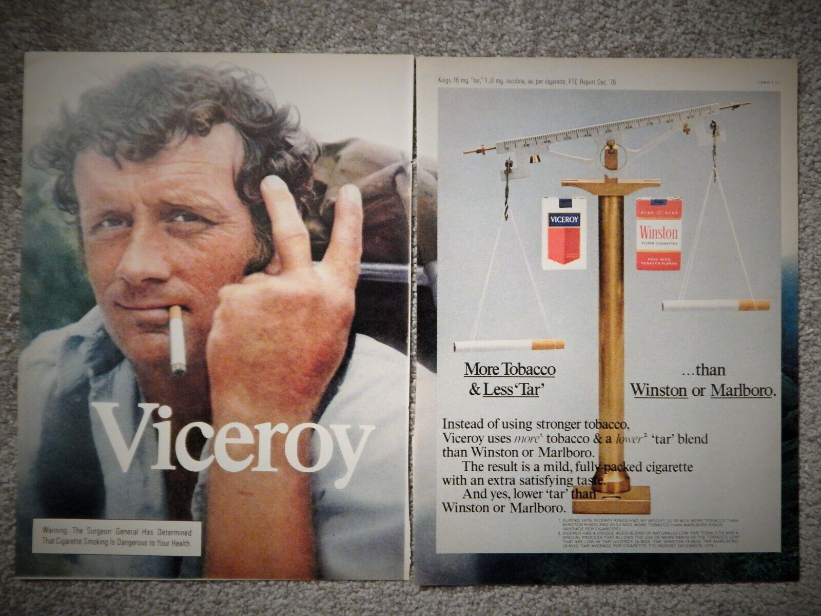 VICEROY CIGARETTES ORIG. VTG 1977 2-PAGE Photo Poster painting AD,