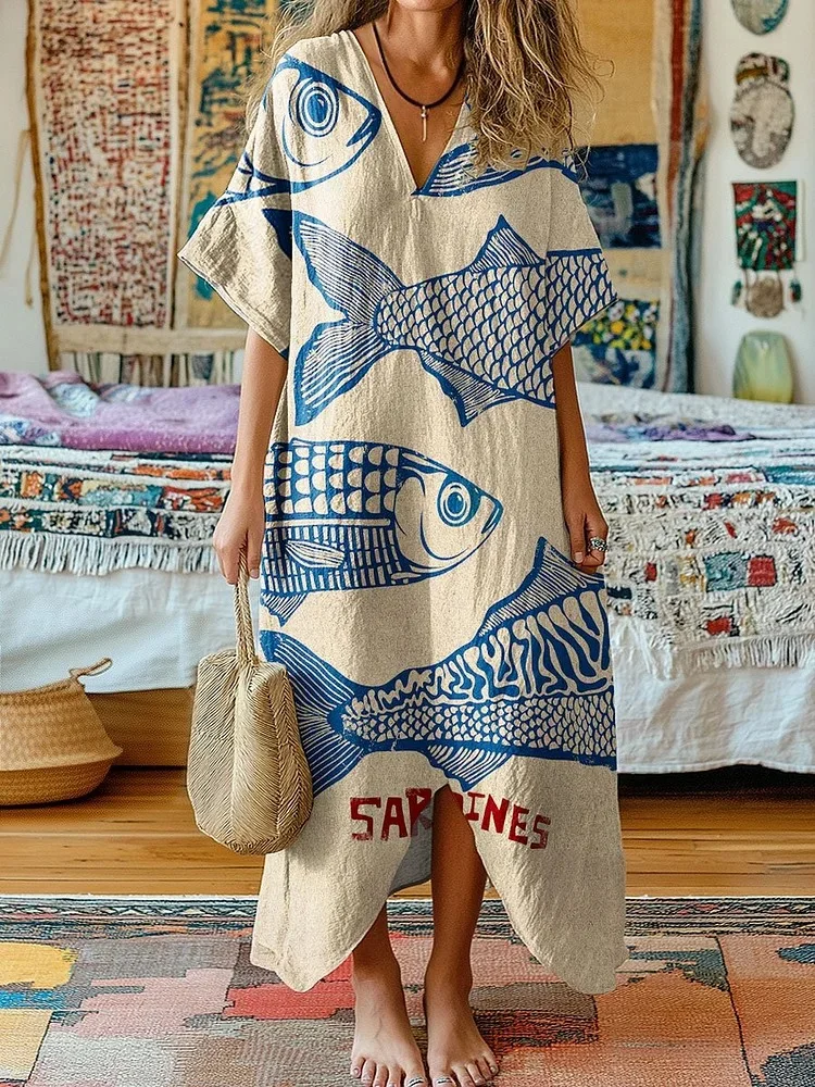 Women's Vintage Fish Sardines Art Print V-Neck Cotton Short Sleeve Dress