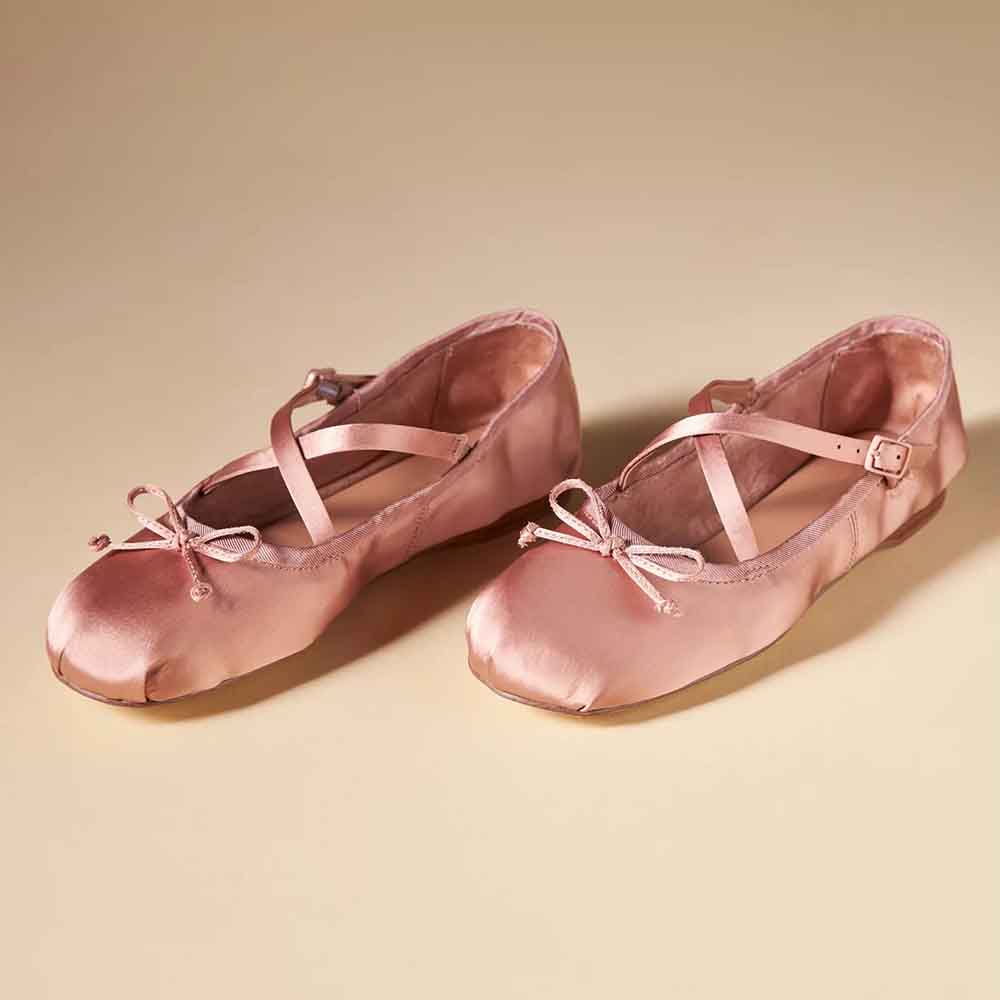 Pink Satin Round Toe Criss-Cross Strappy Bow Slip-On Ballet Flats Nicepairs