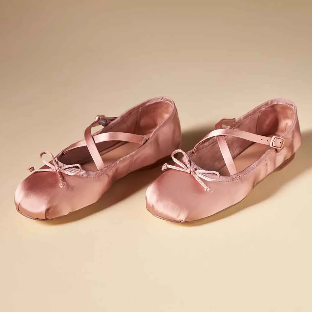 Pink Satin Closed Round Toe Criss-Cross Strappy Bow Slip-On Ballet Flats  Nicepairs