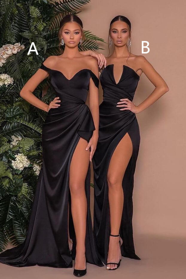 Bellasprom Black Off-the-Shoulder Mermaid Prom Dress Pleated With Slit Bellasprom