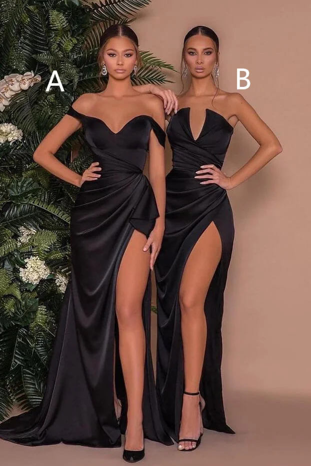 Bellasprom Black Off-the-Shoulder Mermaid Prom Dress Pleated With Slit