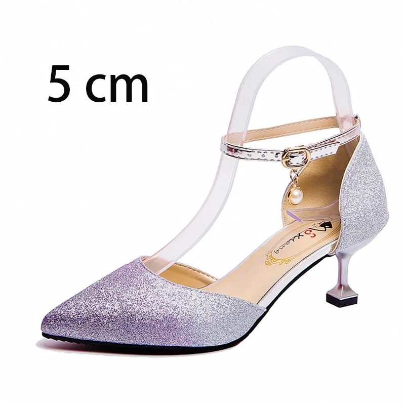 2020 Sexy Elegant Ladies Pumps Shinning Glitter Gold Silver Pointed Toe High Heels Ankle Strap Wedding Party Shoes Woman Pumps