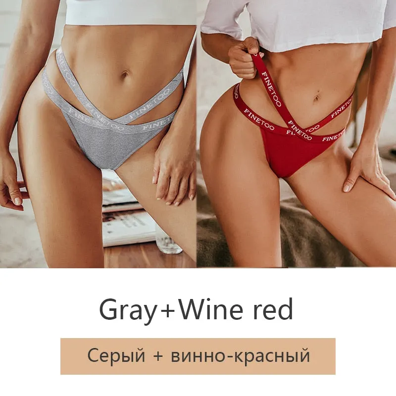 FINETOO 2Pcs/set Sexy Thongs Women Cotton G-string Panties Letter Bikini Underwear Girls Cross Belt Low-rise Underpants Lingerie