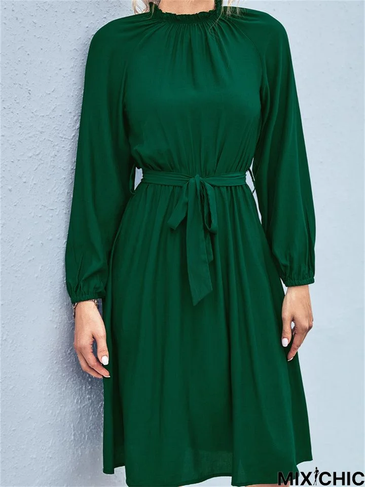 Temperament Commute Solid Color Waist Long Sleeve Dress