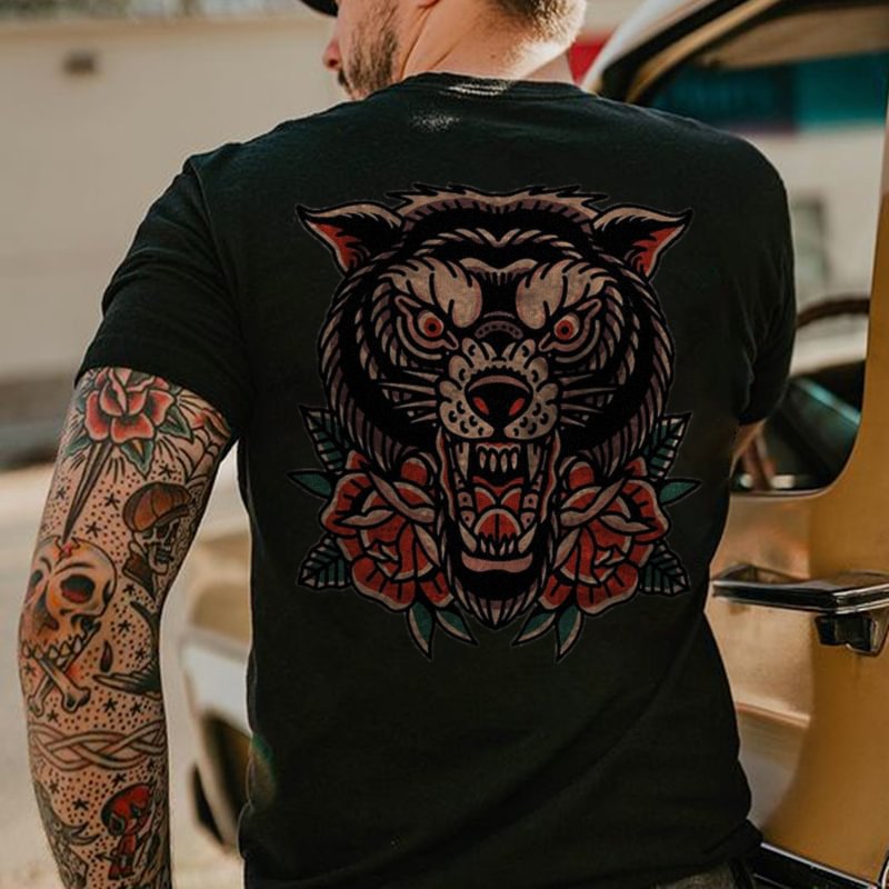 Men's ferocious animal print loose T-shirt designer - Krazyskull