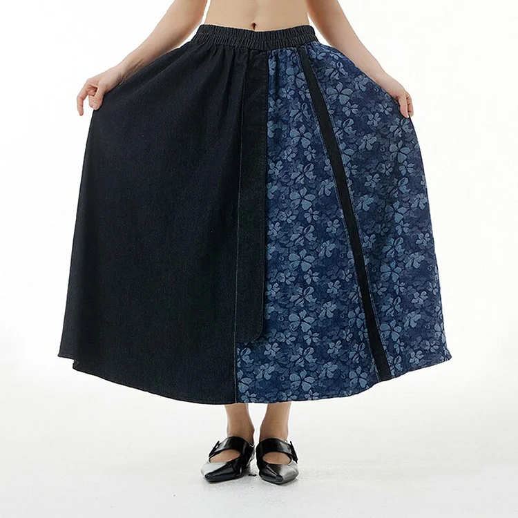 Vintage Asymmetrical Plum Bossom Printed Denim Patchwork Skirt