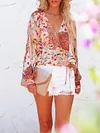 Floral Print Loose Chiffon Lantern Sleeve Casual T-Shirt Top