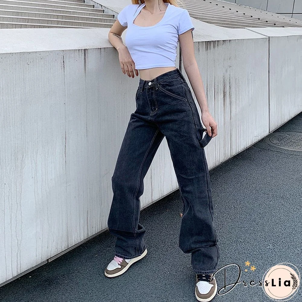 Weekeep Wide-leg Straigh Gray Women's Jeans High Waist High Street Pants Loose Large Pocket Full Length Jeans Women