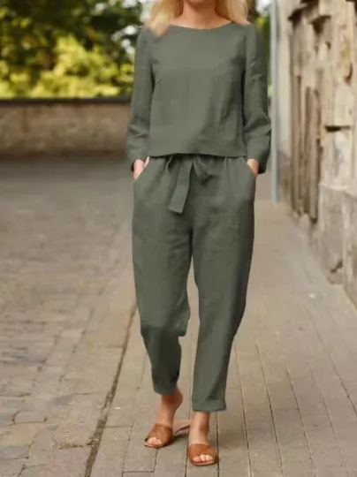 Brownm Women's Fashion Solid Color Casual Pocket Two-piece Simple Retro Elastic Suit
