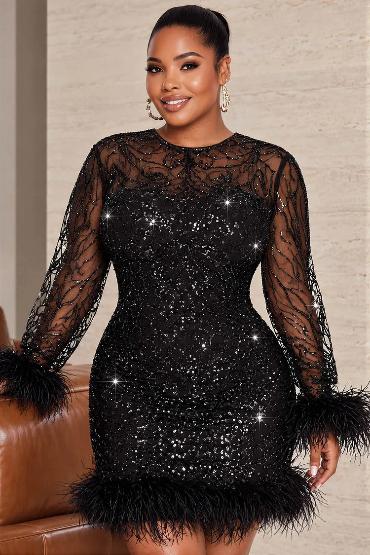 Xpluswear Design Plus Size Party Black Round Neck Long Sleeve Feather See Through Sequin Mini Dresses [Pre-Order] 2024 - Xpluswear