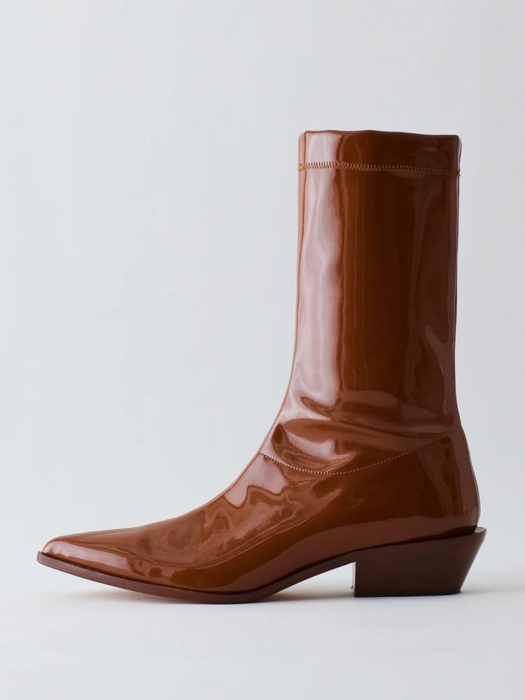 Shiny Elastic Low Chunky Heel Western Mid Calf Boots