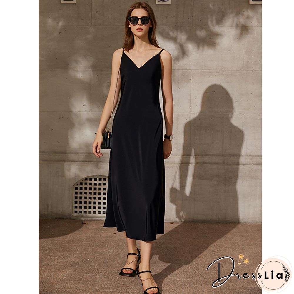 Minimalism Vintage Womens Summer Dress Offical Lady Solid Vneck Slim Fit Aline Calf Length Beach Dress For Women 12130034