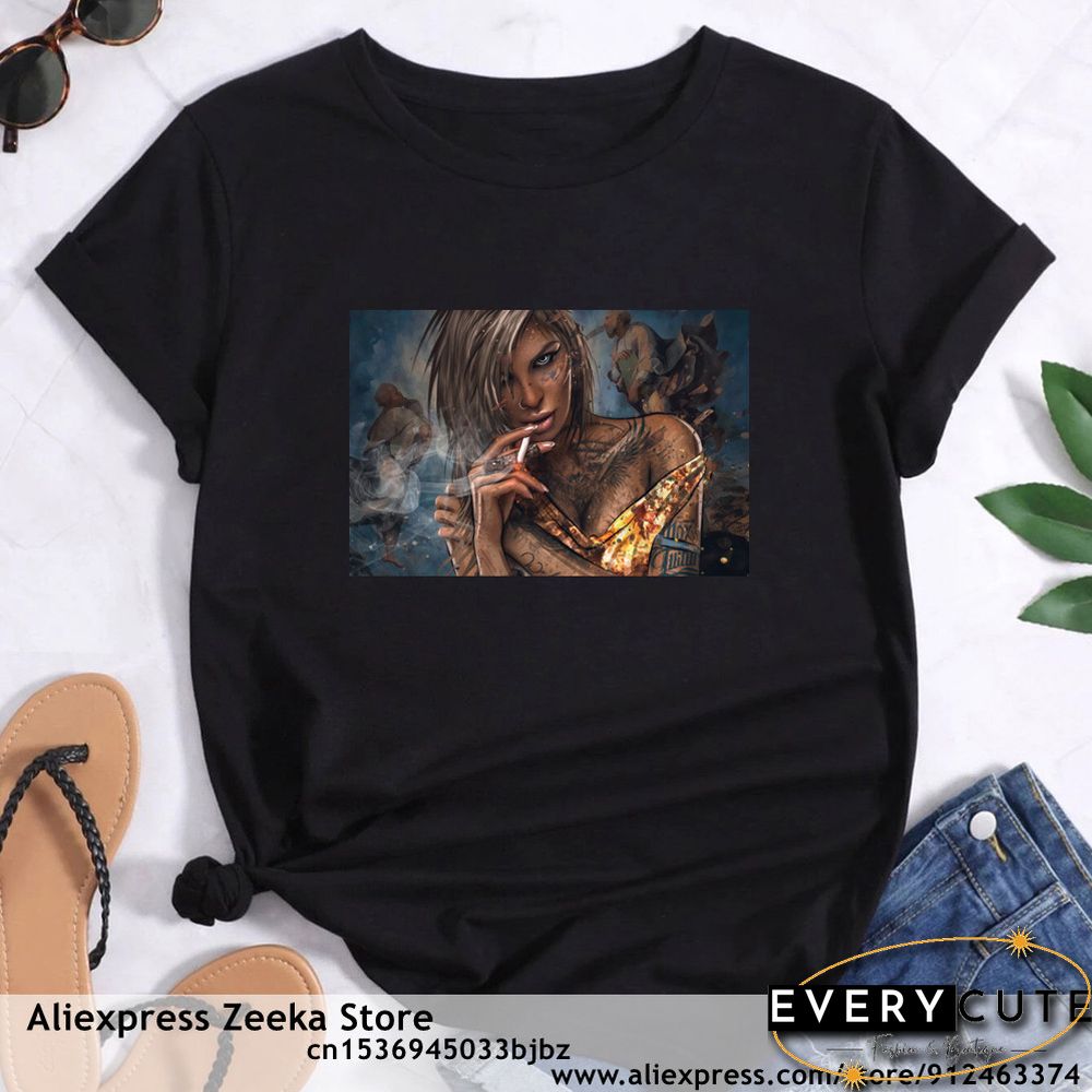 Womens Traveling Fun Print Tee-Shirt for Girls Y2K Harajuku Basics Collar White Shirt