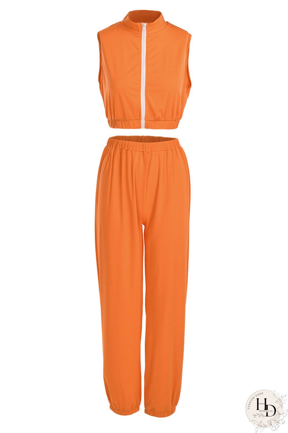 Tangerine Casual Solid Split Joint Zipper Zipper Collar Sleeveless Two Pieces