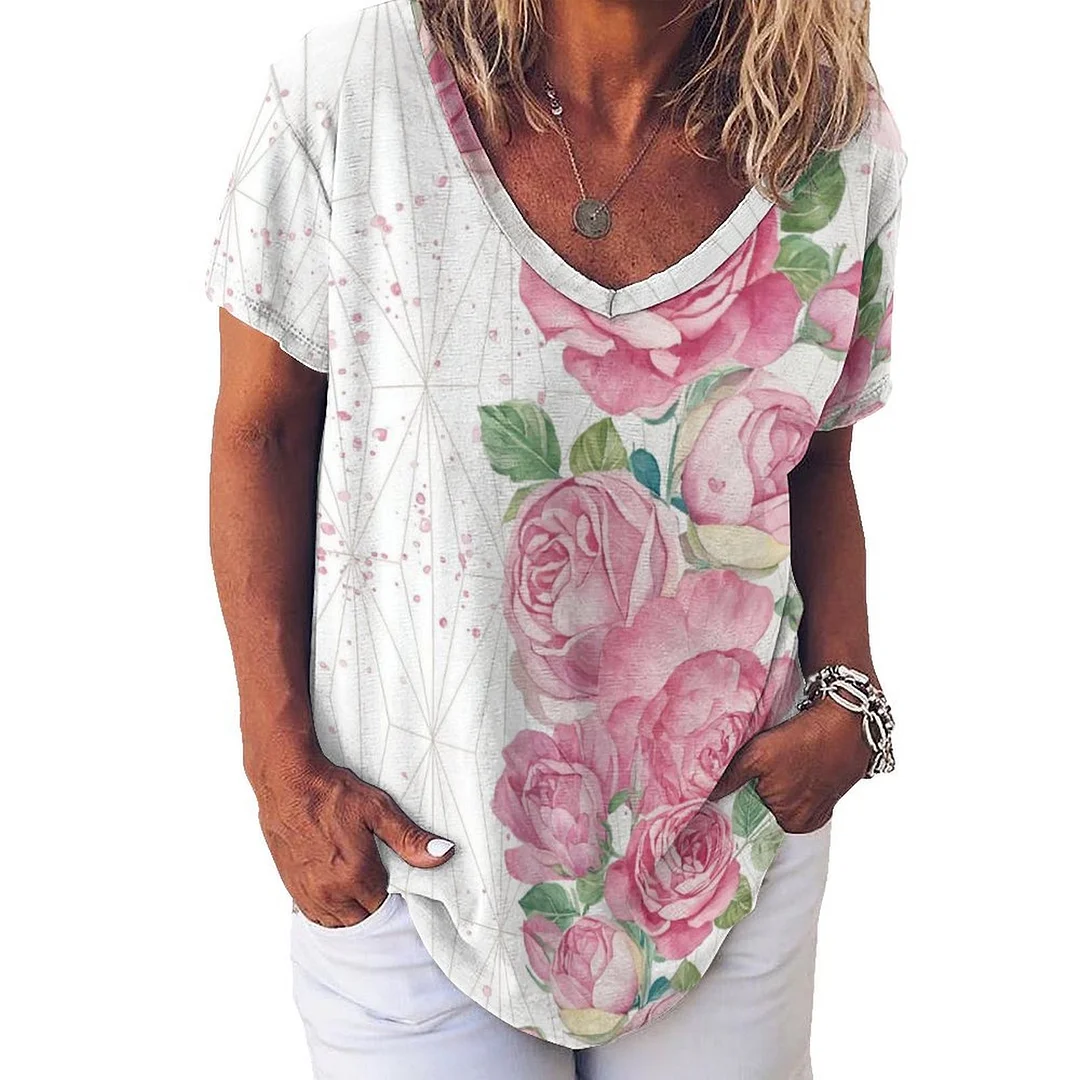 V-neck Short Sleeve Casual T-shirt for  Women Printed with Pattern Floral, Red, Green