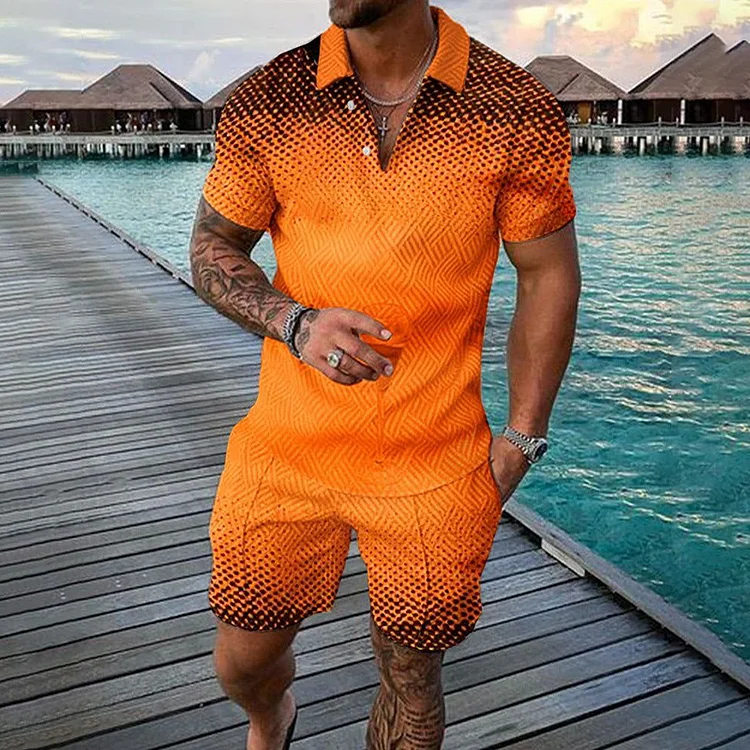 BrosWear Trendy Orange Gradient Polo Shirt And Shorts Co-Ord