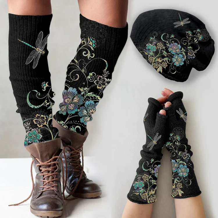 （Ship within 24 hours）Vintage dragonfly floral print knitted hat +leg warmers + fingerless gloves set