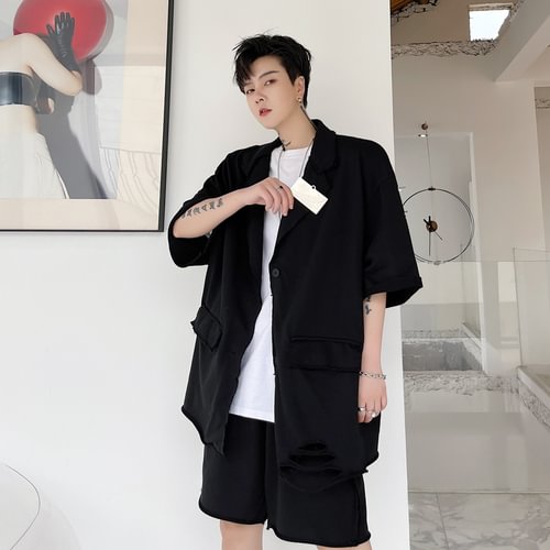 -Summer Style Solid Color Metal Decoration Men's Short-sleeved Cardigan Jacket Shorts Suit KK1663/P165-Usyaboys-Mne and Women's Street Fashion Shop-Christmas