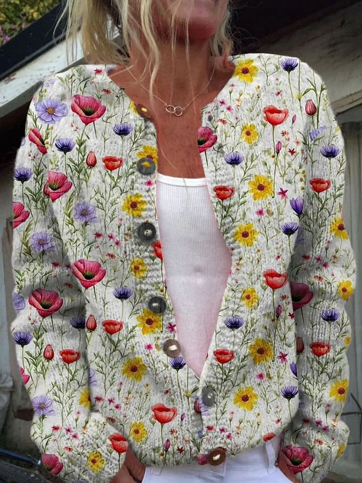Floral Art Print Buttoned Cardigan Sweater