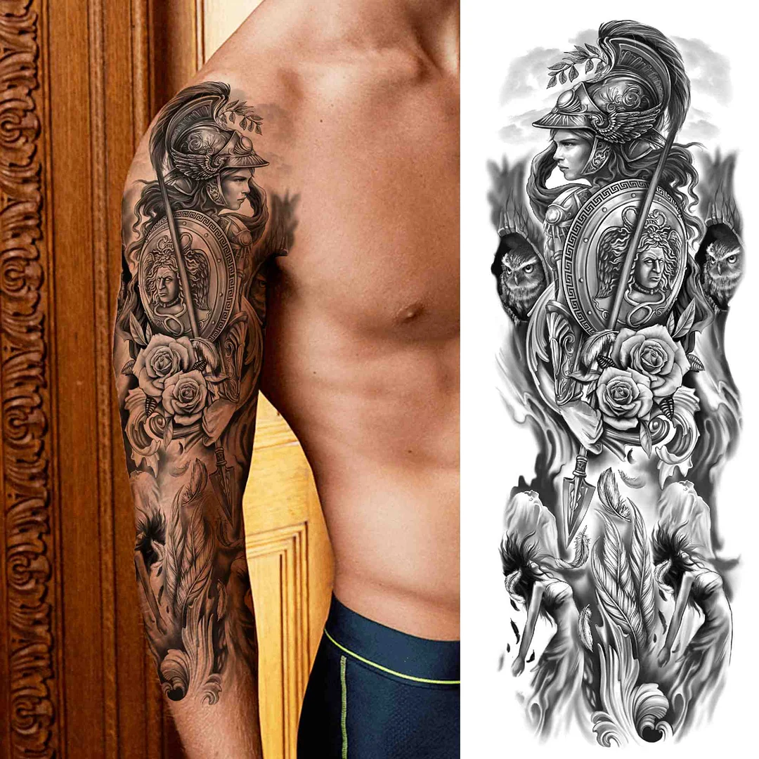 Sdrawing Warrior Temporary Tattoos Sleeve For Men Women Adult Realistic Fake Flower Tattoo Sticker Black Lion Soldier Large Tatoos