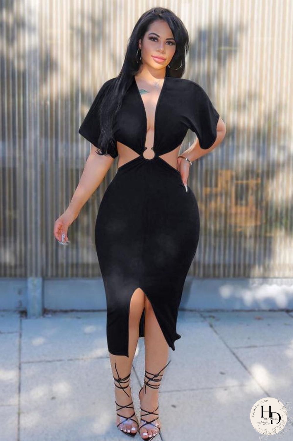 Black Polyester Sexy Bat sleeve Short Sleeves V Neck Asymmetrical Mid-Calf Solid Club Dresses