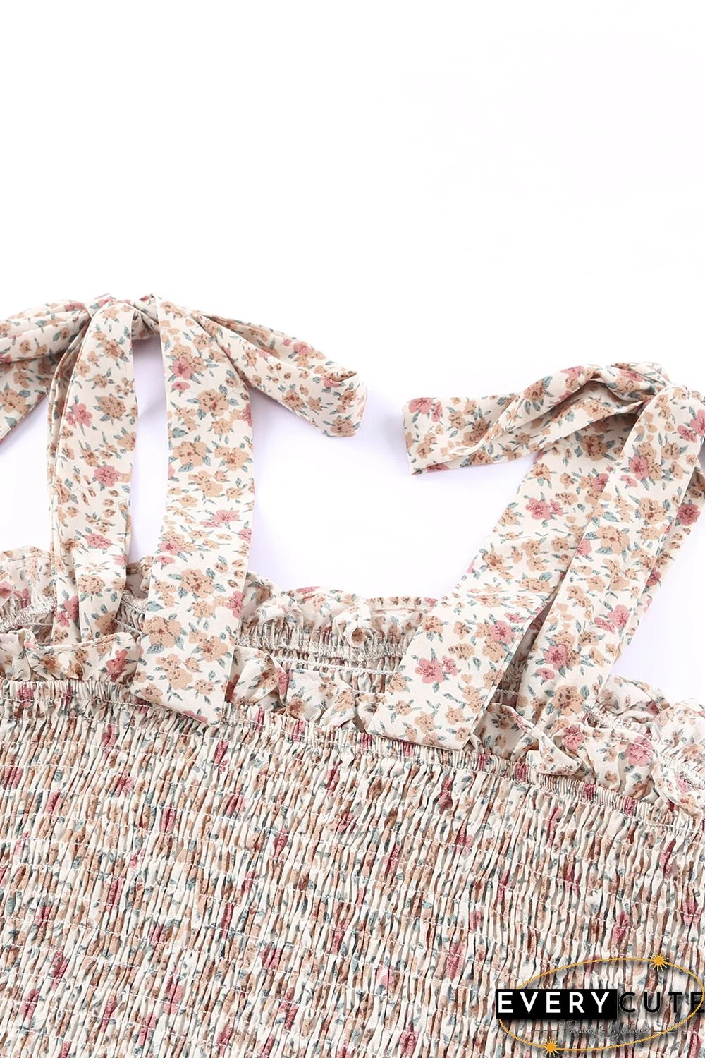 Khaki Floral Print Tie Straps Smocked Peplum Vest