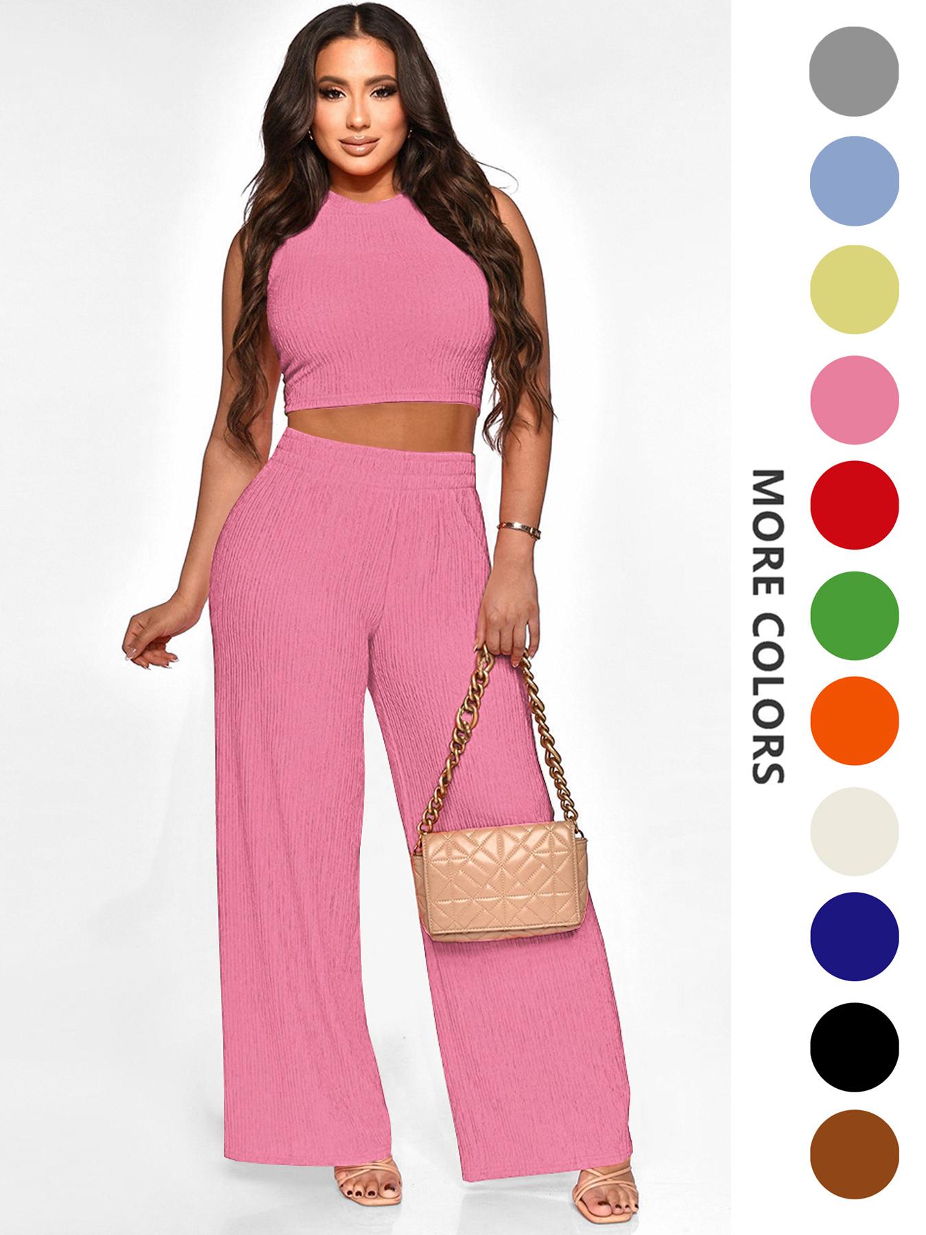 Two-Piece Set Women's Solid Textured Knit Fabric Co-ord Set Suits, Casual Round Neck Crop Tank Top & High Waist Wide Leg Pants Set, Ladies Summer Fit Clothes for Daily Wear, Womenswear Two-Piece Set Women's Solid Textured Knit Fabric Co-ord Set Suits, Casual Round Neck Crop Tank Top & High Waist Wide Leg Pants Set, Ladies Summer Fit Clothes for Daily Wear, Womenswear