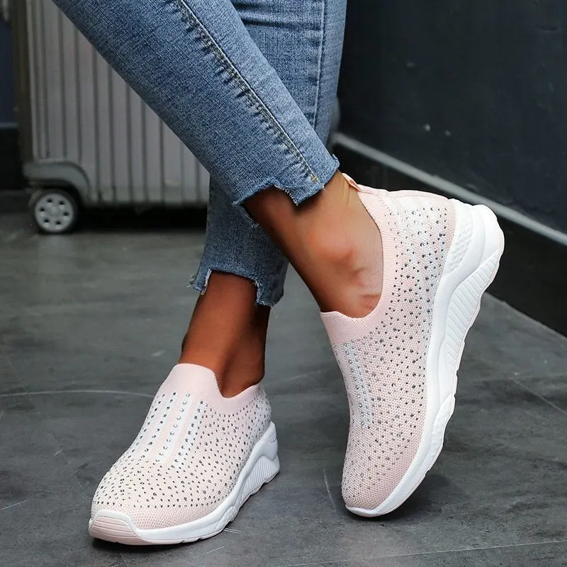 Lucyever Shiny Crystal Flats Shoes for Women Spring Autumn Breathable Soft Bottom Shoes Woman Plus Size Slip on Casual Sneakers