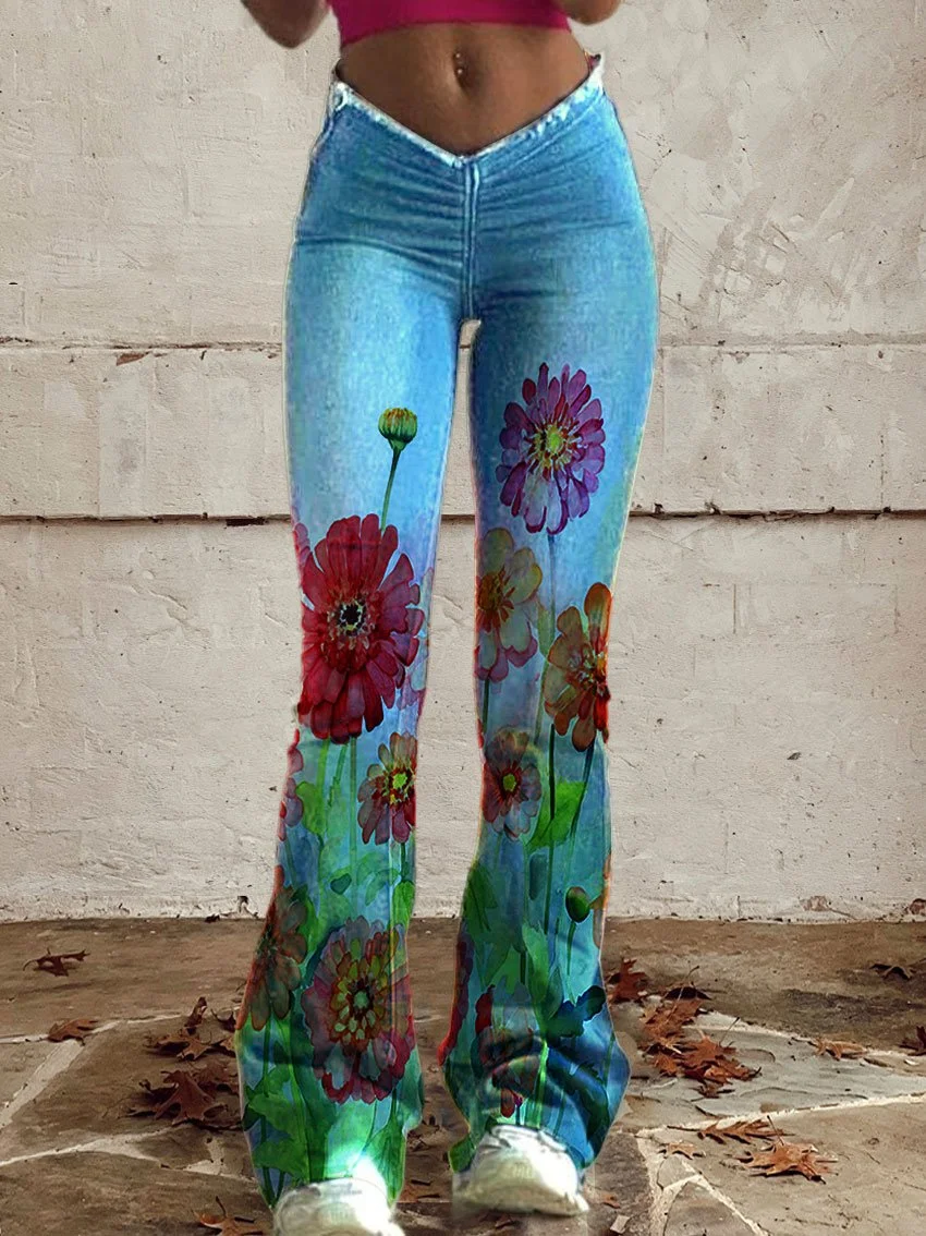 Women's Vintage Flower Print Mid Waist Buttoned Hem Bootcut Jeans Without Belt