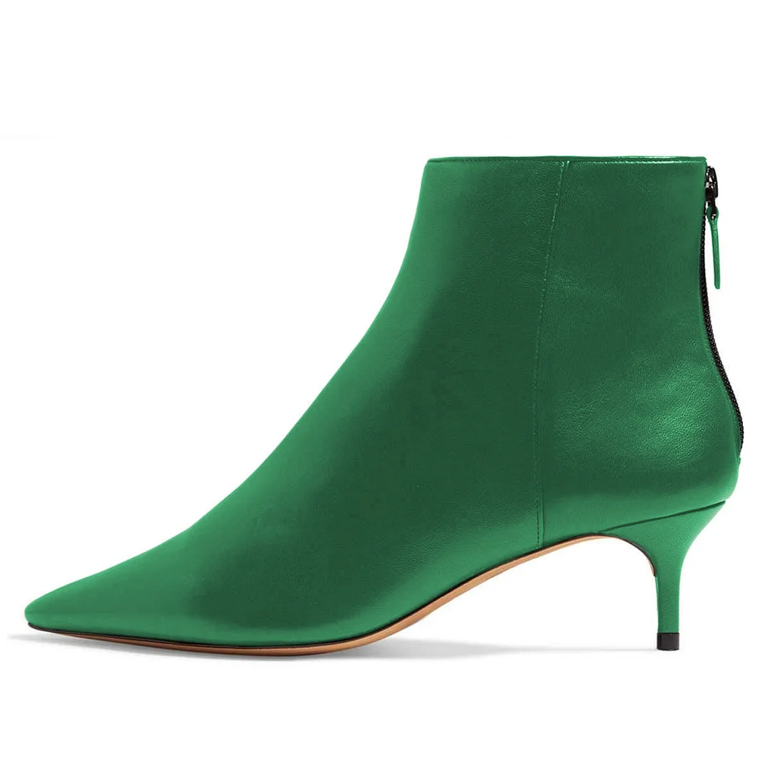Green Vegan Leather Pointed Toe Kitten Heel Ankle Boots with Zipper