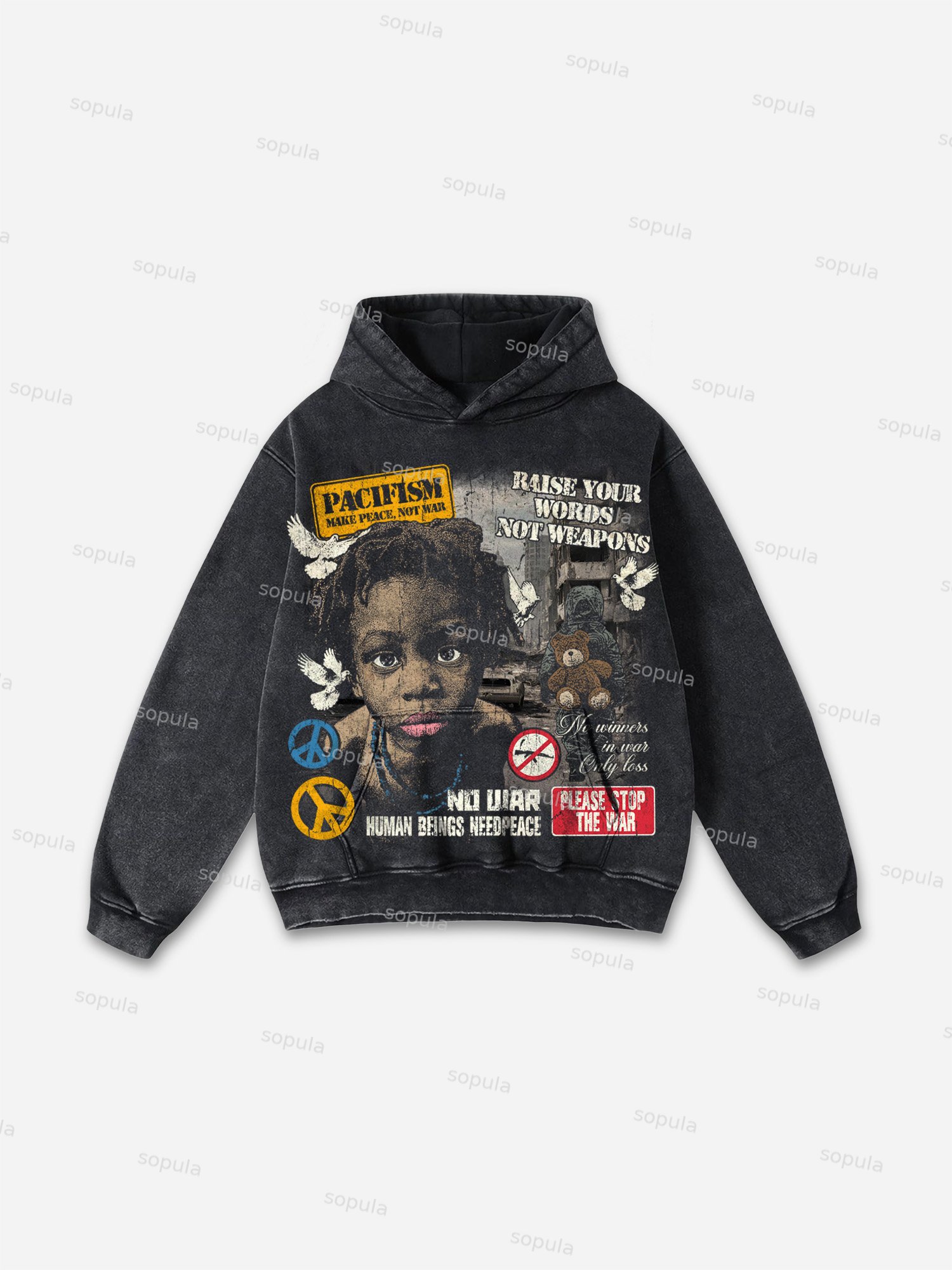 Not War Vintage Graphic Washed Hoodie - SOPULA
